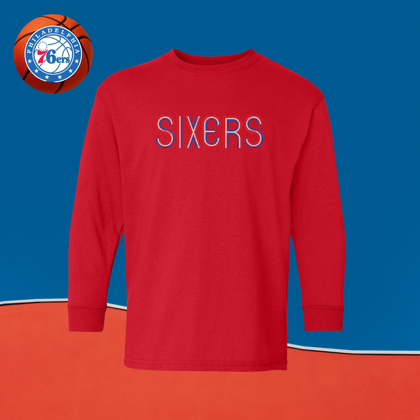 Sixers Long Sleeve T-Shirt ❤️🤍💙 Tri Color Logo